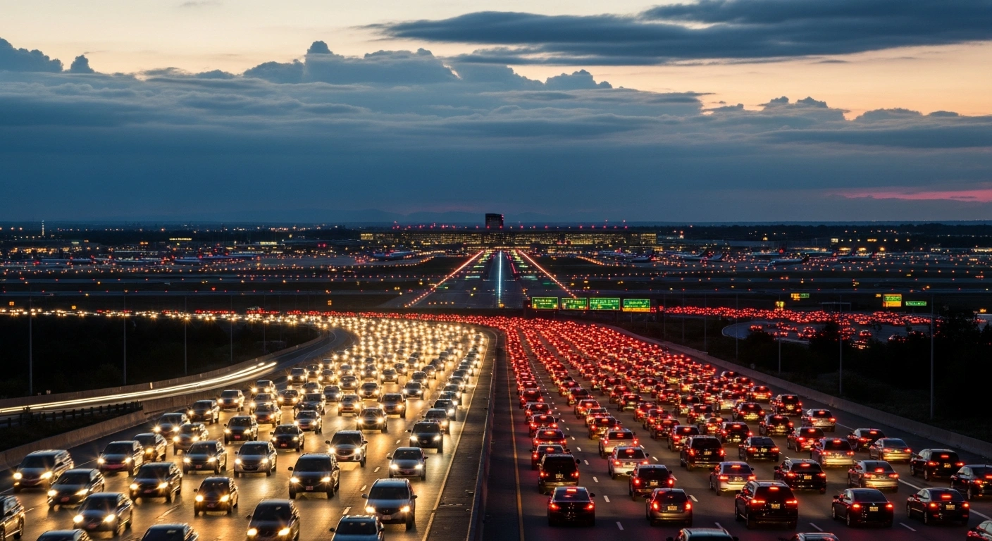 A wide-angle, elevated view at dusk shows a multi-lane highway packed with cars and a distant airport with planes taking off and landing, illustrating the unprecedented and crowded Thanksgiving travel period with record numbers of road and air passengers.