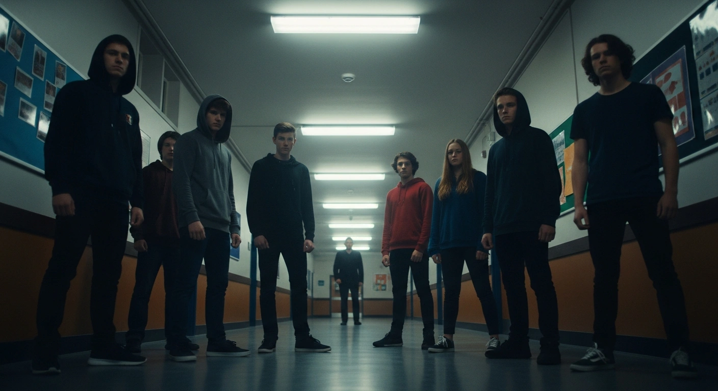 A tense scene in a dimly lit school hallway shows a group of teenagers, some in red or blue attire, standing in a confrontational formation, with a blurred adult figure in the background, symbolizing the 'Red vs Blue' school wars trend prompting warnings from UK schools and police.