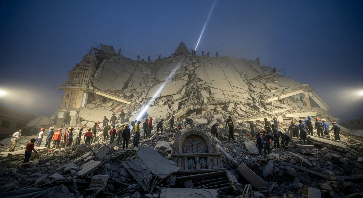 Emergency floodlights illuminate the chaotic wreckage of a four-storey temple under construction in Redcliffe, Verulam, north of Durban, after its collapse on December 12, 2025, as rescue workers search for survivors amidst debris, following reports of three fatalities and multiple injuries.