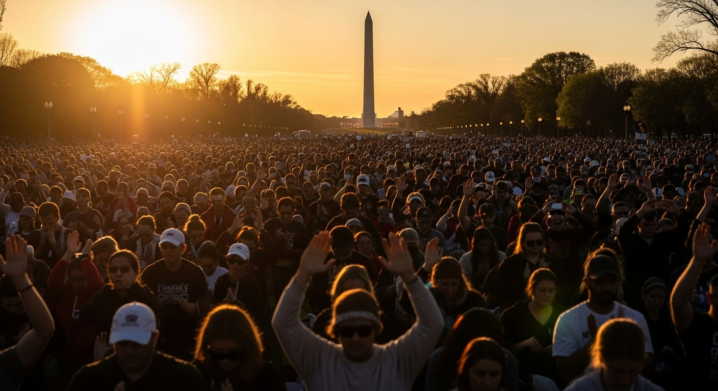 Thousands of people gather on the National Mall in Washington, D.C., for a prayer-focused event near the Washington Monument.