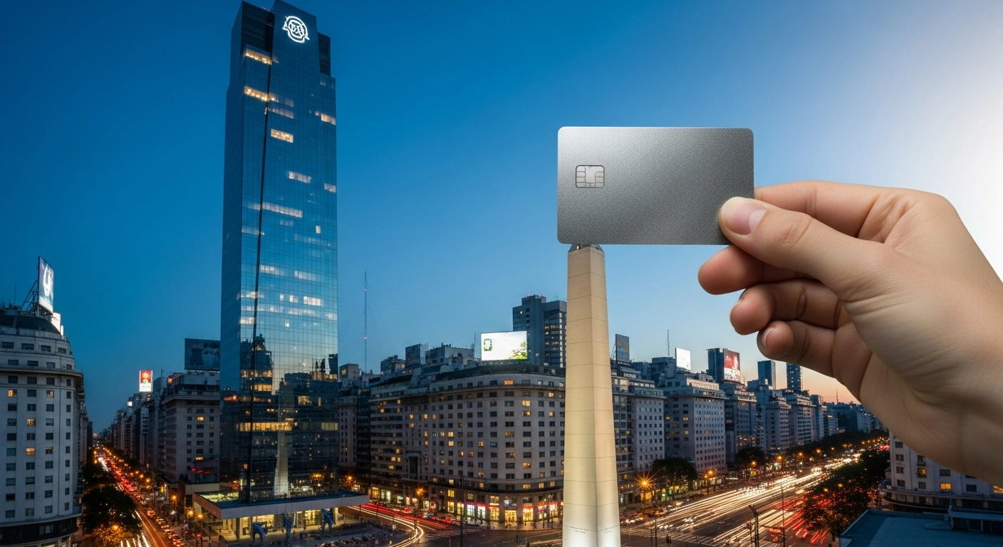 A professional holding a RedotPay card in front of the Buenos Aires skyline to represent the company receiving its VASP license from Argentina's CNV.