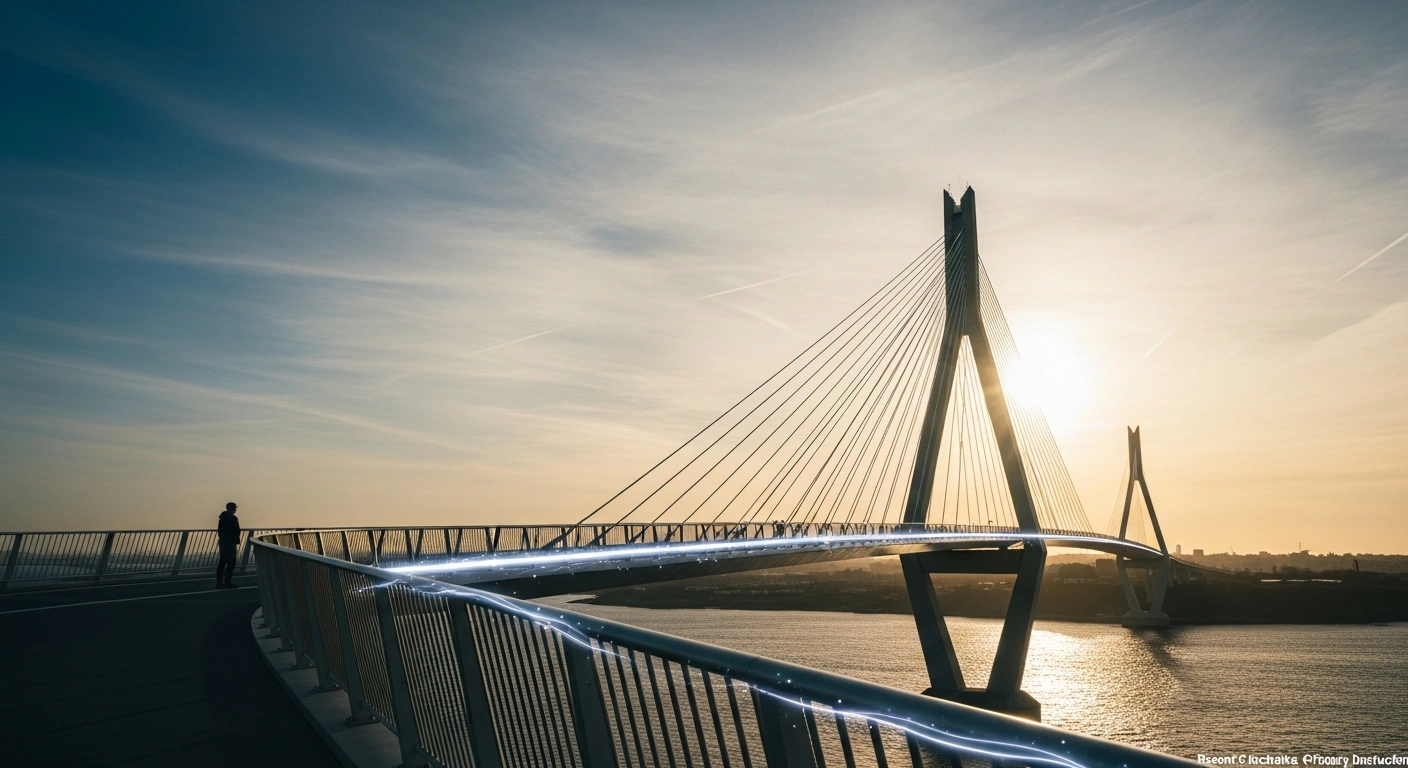 A wide shot of a modern suspension bridge, illuminated by a setting sun, connects two landmasses, symbolizing the economic relationship between the UK and the EU, with a subtle line at its midpoint representing distinct boundaries, as Chancellor Rachel Reeves advocates for closer ties.