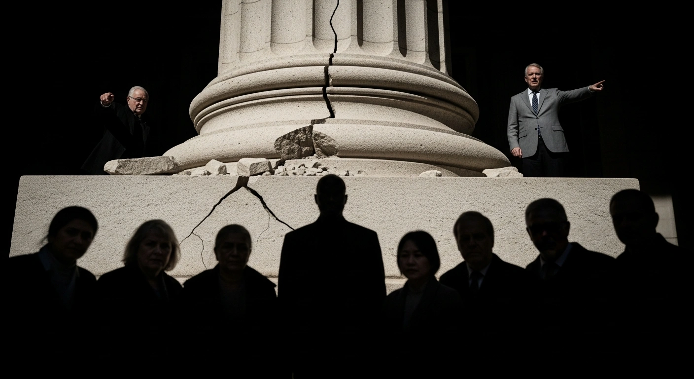 A grand stone pillar, symbolizing the Equality Act 2010, is visibly cracking at its base, while shadowy figures representing diverse protected groups huddle in concern, overseen by a resolute figure representing Reform UK's proposal and another gesturing in disapproval, reflecting Keir Starmer's criticism.