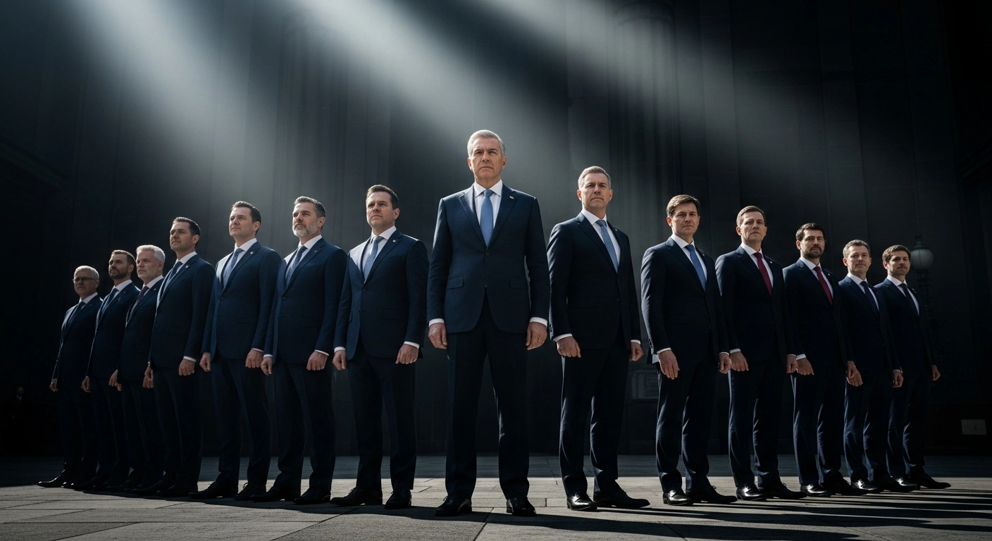 A group of prominent political figures, led by Nigel Farage, stand together in a formal, well-lit setting, representing Reform UK's newly announced shadow cabinet, which includes Robert Jenrick, Suella Braverman, Richard Tice, and Zia Yusuf, as the party broadens its leadership.