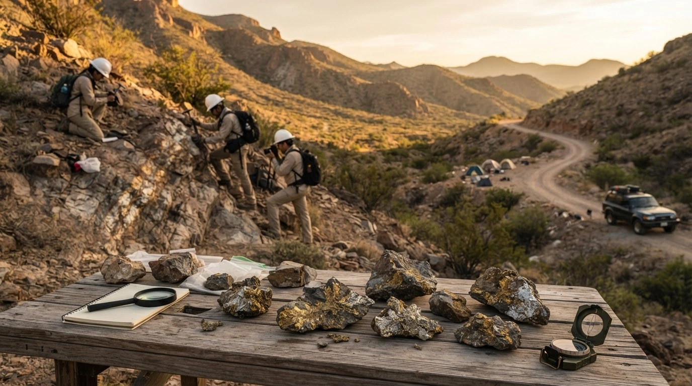 A close-up view of raw gold and silver mineral samples sits on a table overlooking a rugged exploration site in Sonora, Mexico, representing Regency Silver Corp.'s mining initiatives.