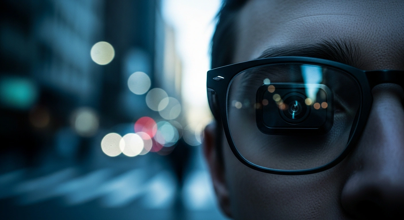 A person wearing smart glasses in a city setting represents the growing legislative push to regulate wearable devices and privacy concerns in the United States.