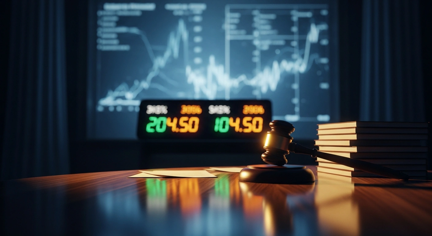 A dimly lit boardroom features a digital ticker display and a gavel, representing the bipartisan legislation introduced by US lawmakers to regulate prediction markets on sensitive events.