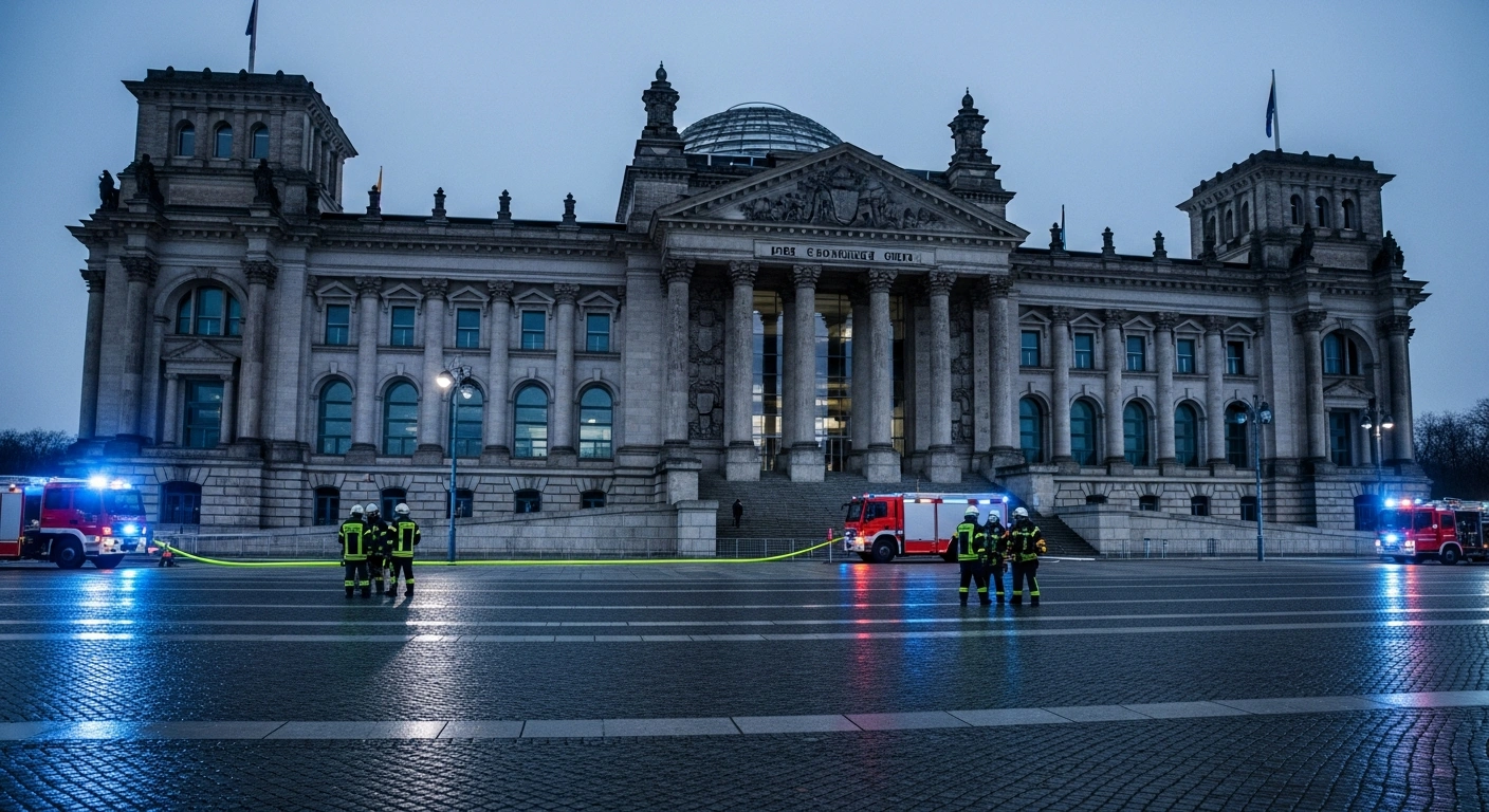 A wide, low-angle shot of Germany's Reichstag building at pre-dawn, illuminated by the flashing lights of emergency vehicles and surrounded by firefighters, following a gas detector alarm and a major fire brigade response.