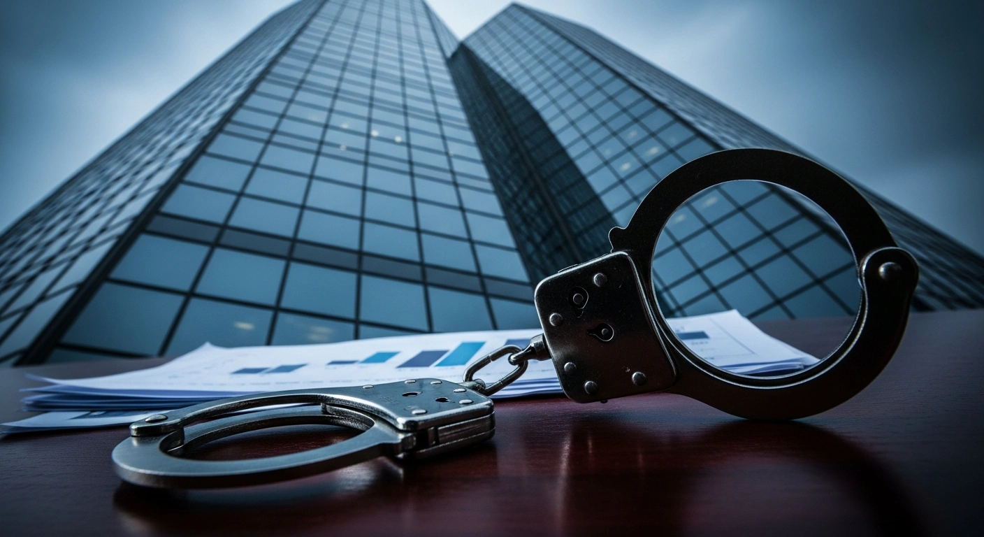 A pair of handcuffs rests on a desk in front of a corporate building, representing the Enforcement Directorate's attachment of assets linked to Reliance Home Finance and Reliance Commercial Finance.
