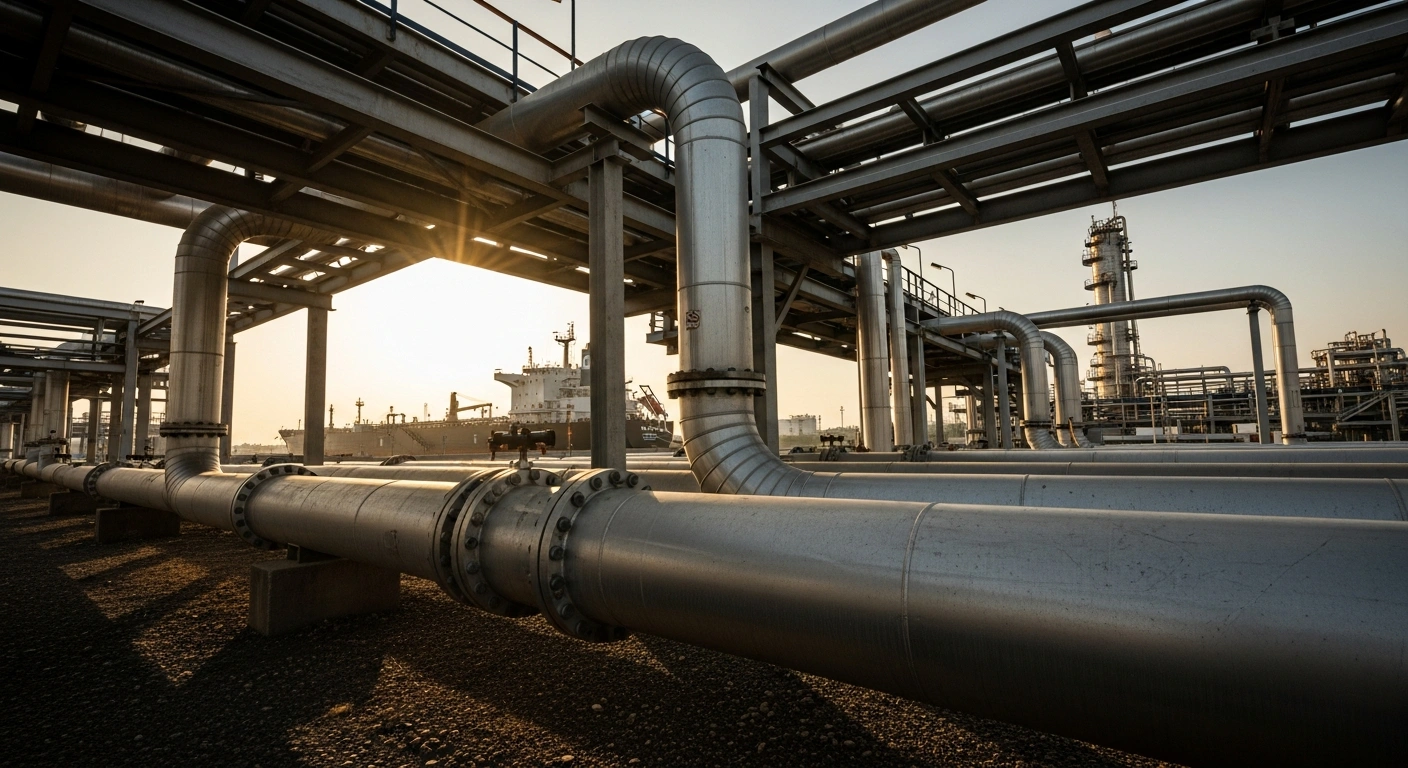 A wide, low-angle shot of the sprawling Jamnagar oil refinery at sunset, showing a prominent, sealed pipeline symbolizing Reliance Industries Limited's cessation of Russian crude oil imports to comply with EU sanctions, with a non-Russian flagged tanker docking in the background.