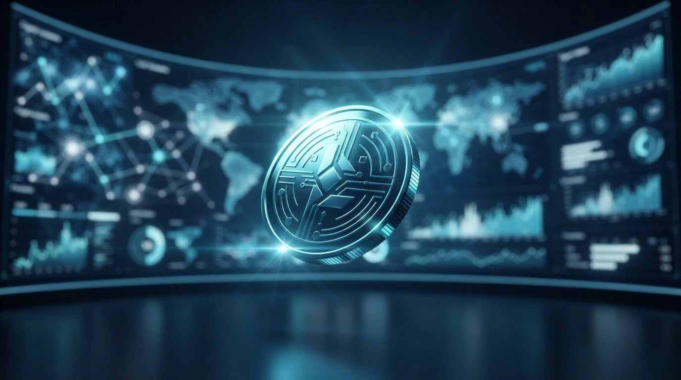 A glowing digital RTX token representing the Remittix financial technology firm floats in a high-tech digital environment ahead of its market launch.