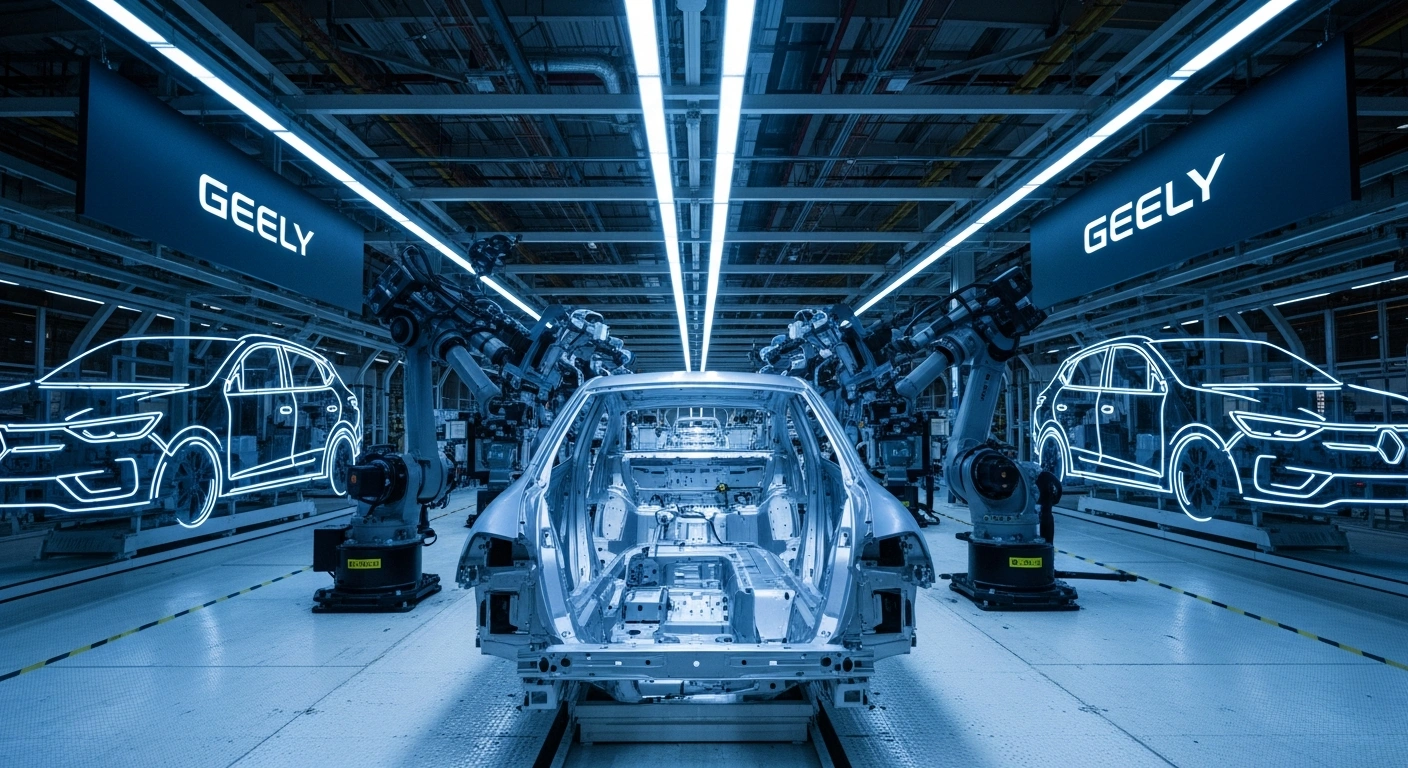 A wide, low-angle view inside a modern automotive factory in São José dos Pinhais, Brazil, showing a partially assembled electric vehicle on an assembly line with robotic arms, and silhouettes of both Renault and Geely models in the background, representing the R$3.8 billion investment for electrified model production.