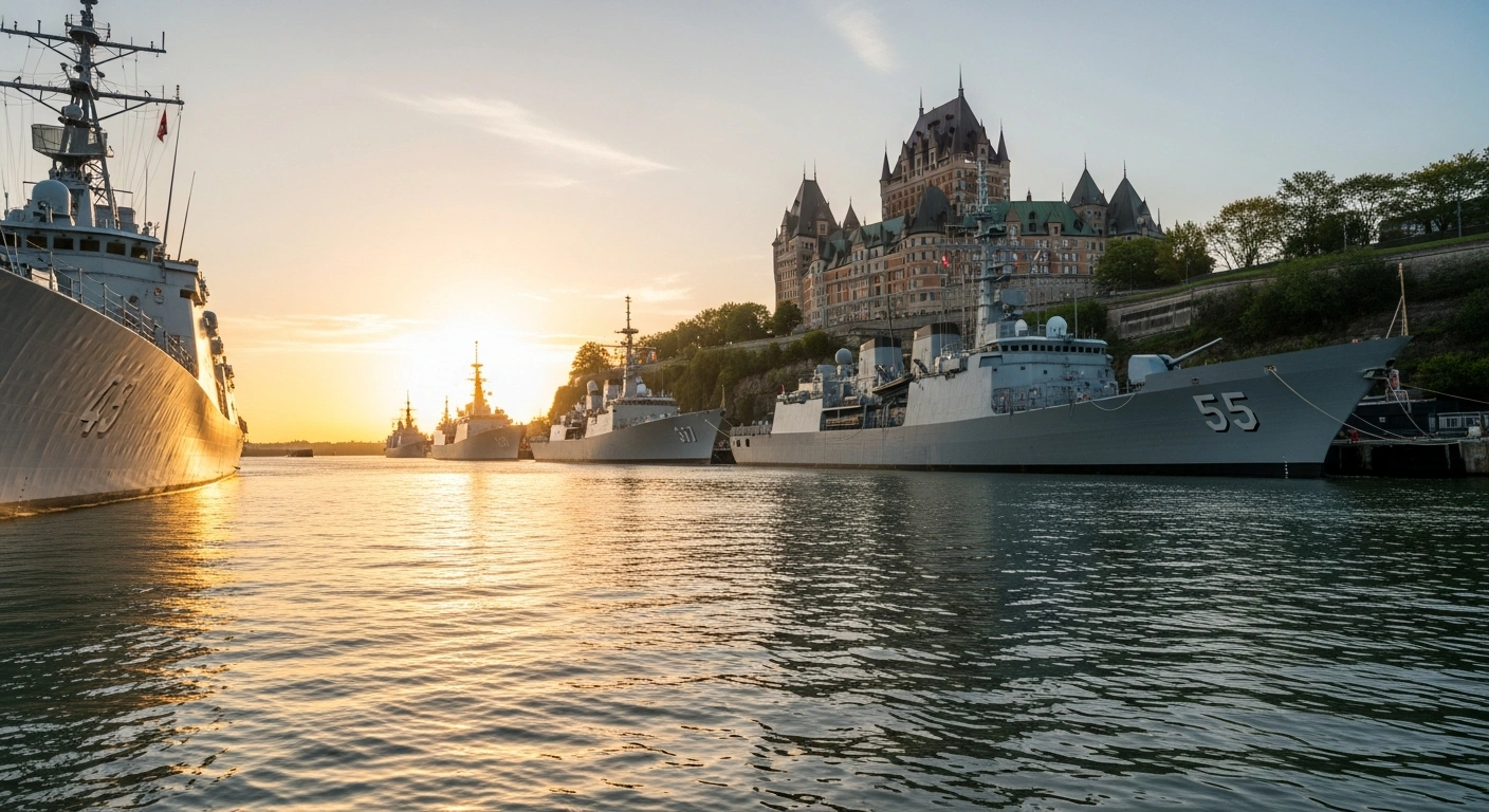 International naval vessels are docked at the Port of Québec during the Rendez-vous naval de Québec 2026 maritime event.