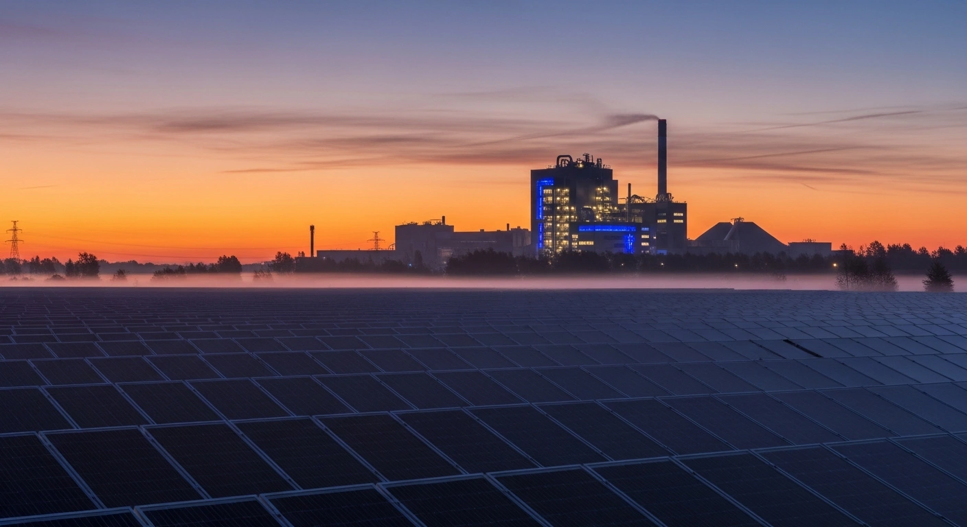 A wide shot at dawn shows a vast field of modern solar panels in the foreground, generating clean energy, with the silhouette of a large industrial paper plant in the mid-distance, symbolizing the supply of renewable electricity for decarbonization goals.