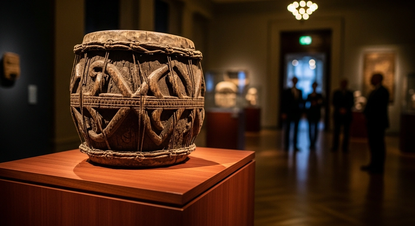 The sacred Djidji Ayokwe talking drum is displayed on a pedestal during its official repatriation from France to Ivory Coast.