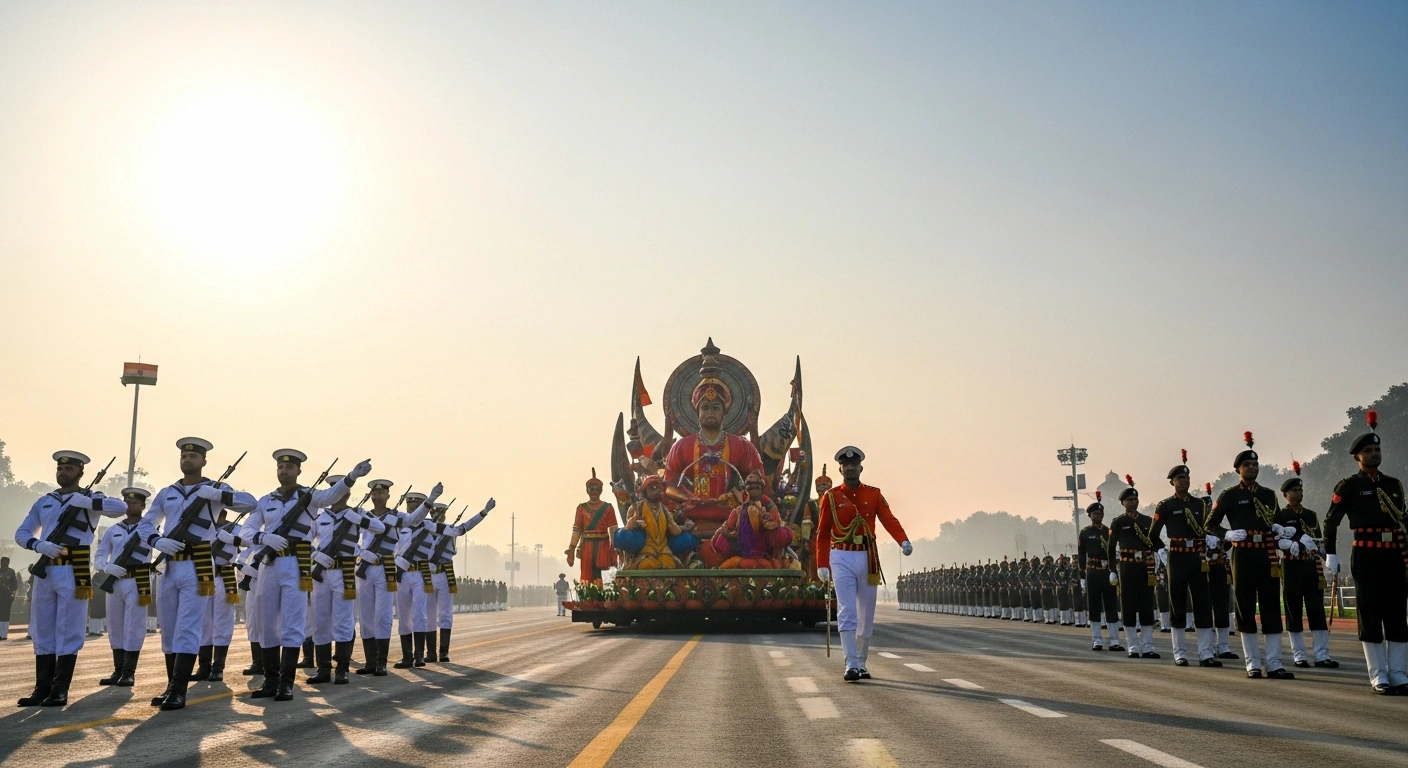 A low-angle, wide shot of the Republic Day Parade featuring the Indian Navy marching contingent, a vibrant cultural tableau representing Maharashtra, and the disciplined formation of the Delhi Police, all illuminated by golden morning sunlight.