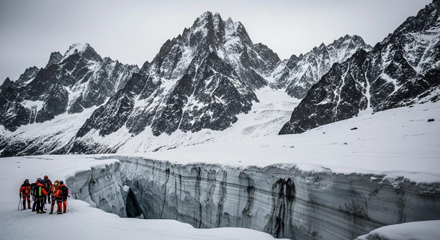 Search and rescue teams operate near a deep crevasse in the Italian Alps after recovering two missing Romanian climbers.