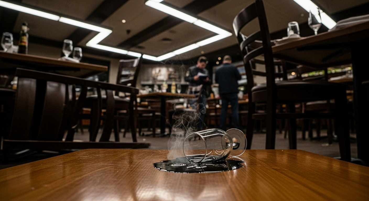 A low-angle, wide shot of a restaurant interior shows an overturned table and a spilled glass with a subtle vapor rising from a dark puddle on the floor, depicting the aftermath of ten individuals being injured by a corrosive liquid, now under police investigation in Timmendorfer Strand, Germany.