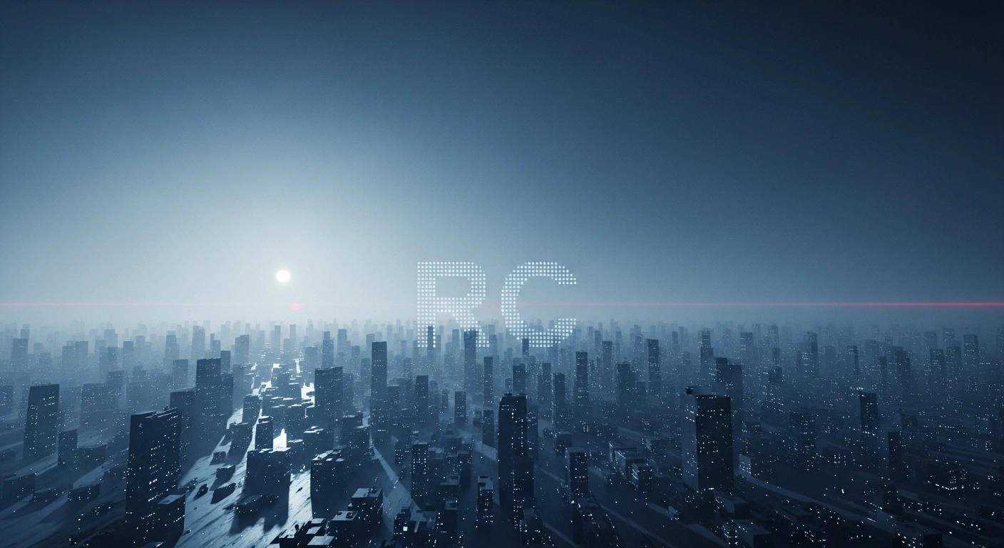 A digital cityscape rendered in cool blues and greys, featuring stylized letters 'R' and 'C' integrated into fading architecture, slowly dissolves into static under a red regulatory glow, symbolizing Revolut and CoinCash ceasing cryptocurrency services for Hungarian customers due to new regulations.