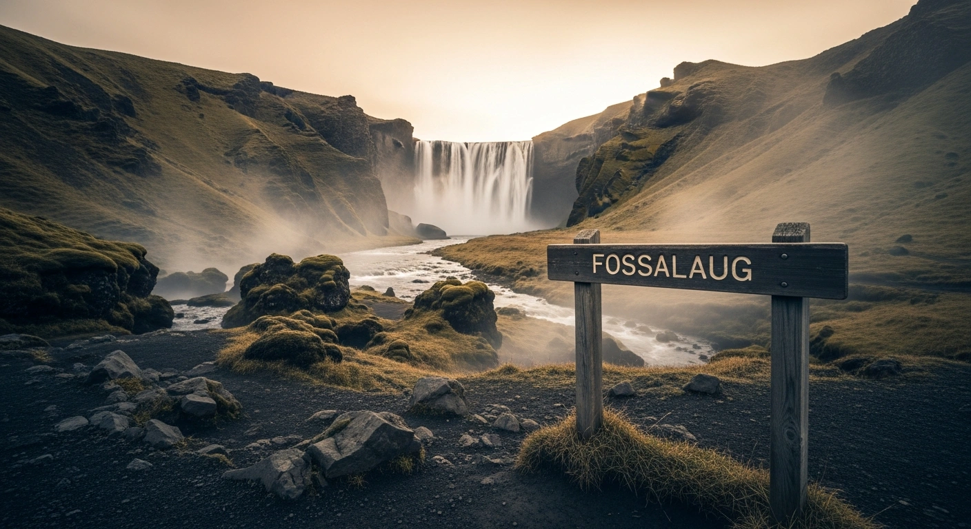 A weathered sign marks the closed entrance to the Reykjafoss waterfall and Fossalaug hot spring in the remote Icelandic wilderness.