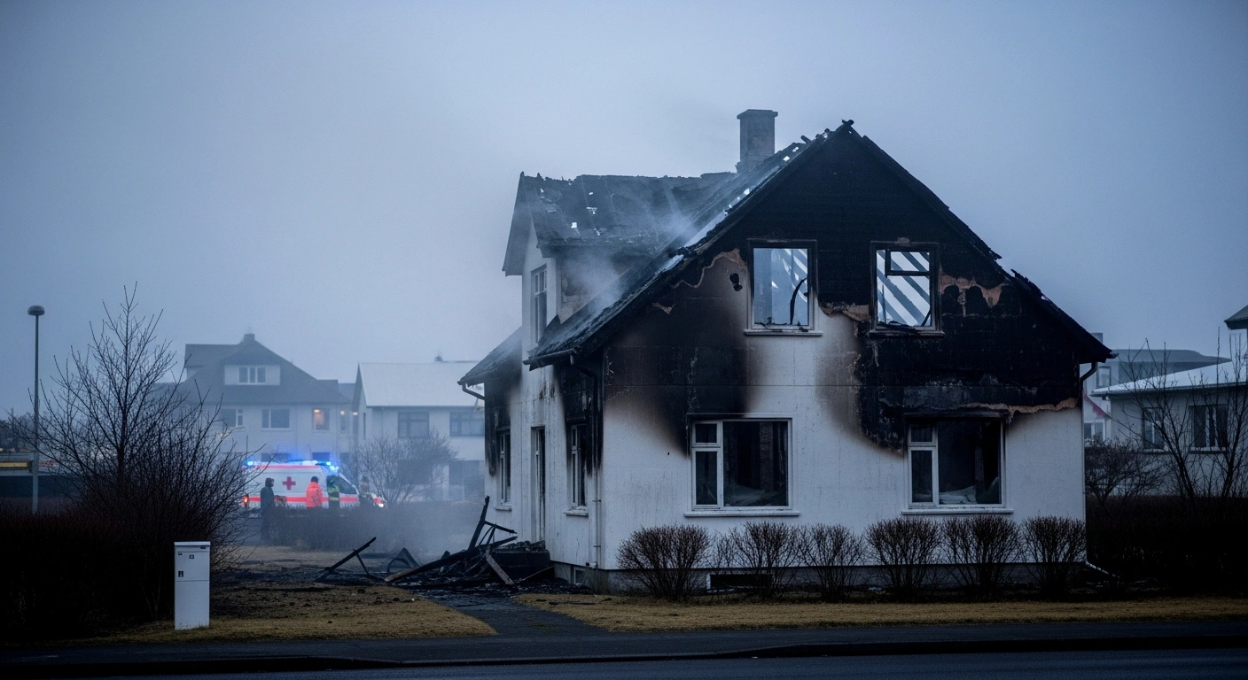 An early morning photograph depicts a significantly fire-damaged detached house in Breiðholt, Reykjavík, rendered uninhabitable, with Red Cross personnel providing assistance in the background.