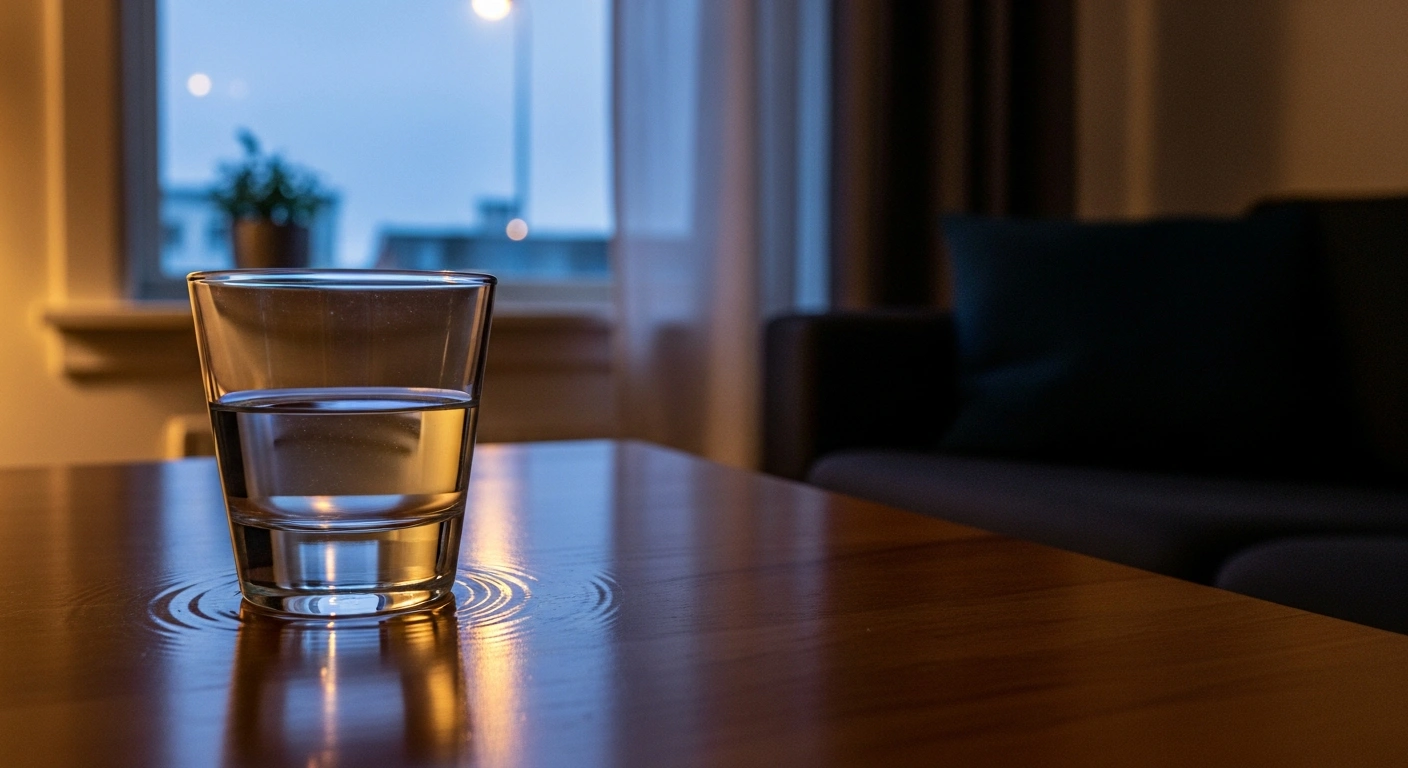 A glass of water on a wooden table subtly ripples in a dimly lit living room in Reykjavik, Iceland, indicating a light magnitude 3.0 earthquake that occurred 24 km south of the city at 1:48 AM on December 27, 2025, which was felt by residents but caused no damage.