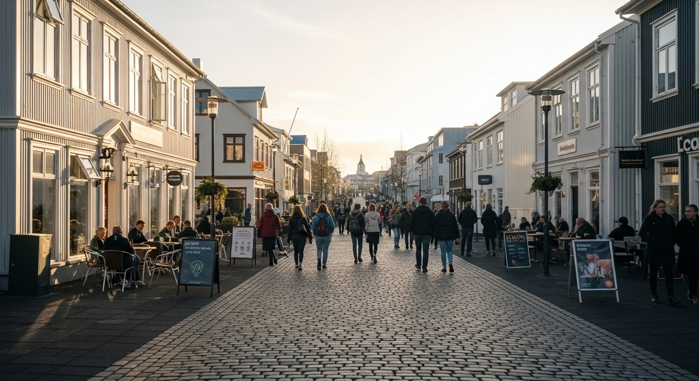A vibrant, car-free street scene in Reykjavík's newly expanded pedestrian-only area, Austurstraeti, showing people strolling and enjoying outdoor cafes, symbolizing enhanced walkability and a more accessible city center.