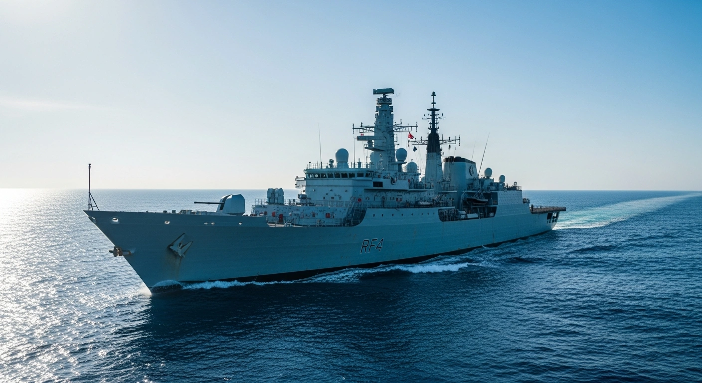 The Royal Fleet Auxiliary ship RFA Lyme Bay sails through Middle Eastern waters to support international maritime security operations.