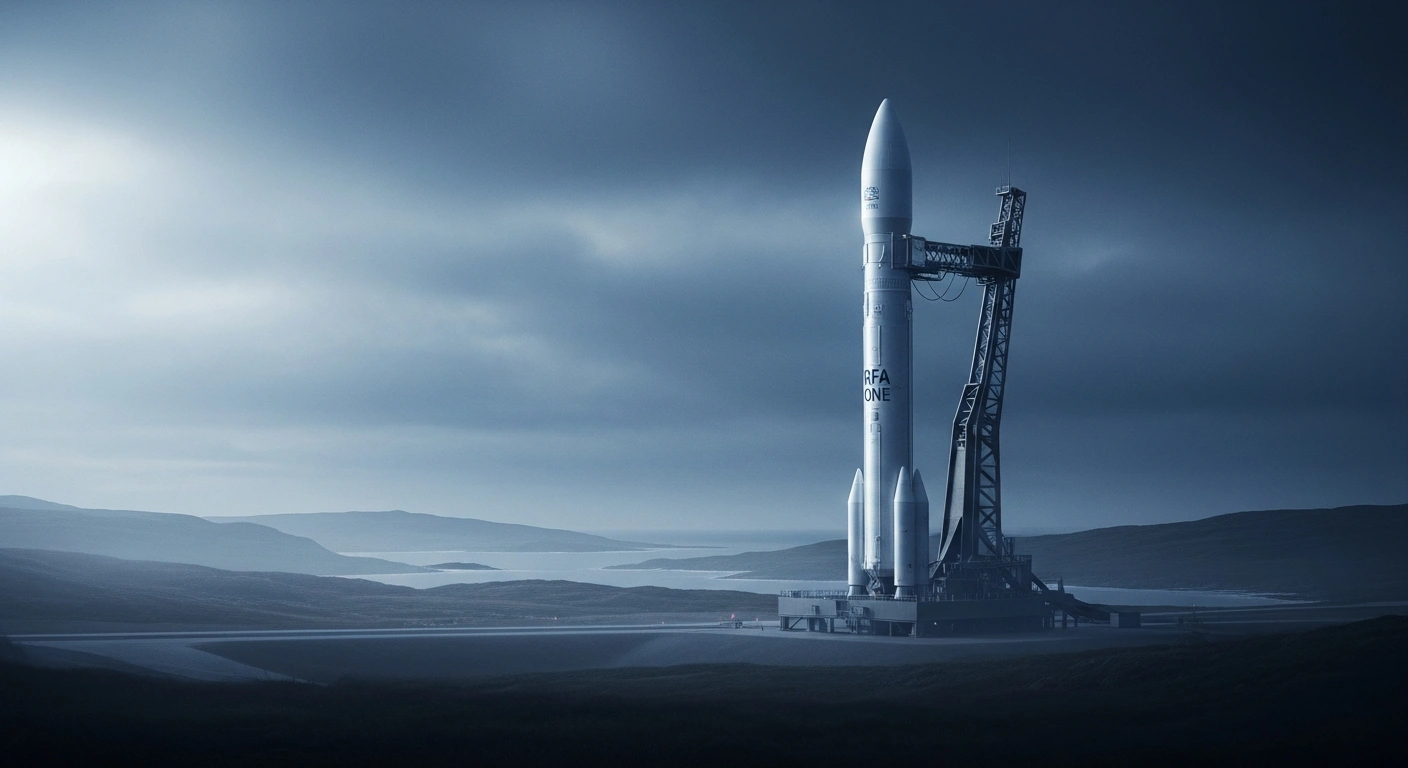 The RFA ONE rocket stands on the launch pad at SaxaVord Spaceport in Scotland during a delayed orbital launch attempt.