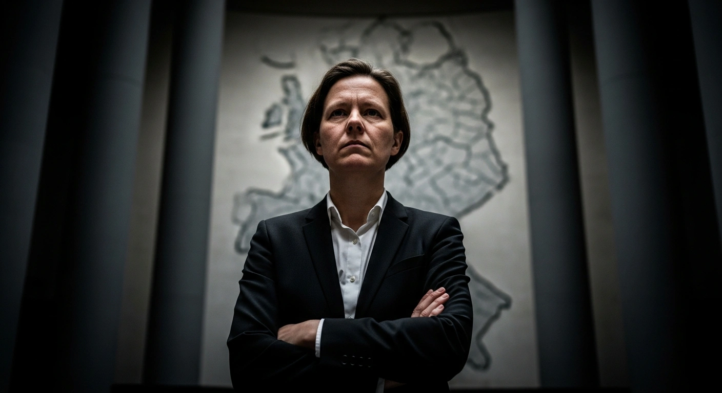 A determined figure, representing Hessen's Minister President Boris Rhein, stands in a grand, dimly lit chamber, symbolizing his strong criticism of federal-state financial relations and the financial unsustainability faced by Hessen, particularly concerning contributions to the Länderfinanzausgleich and the demand for compensation for federal-mandated costs.