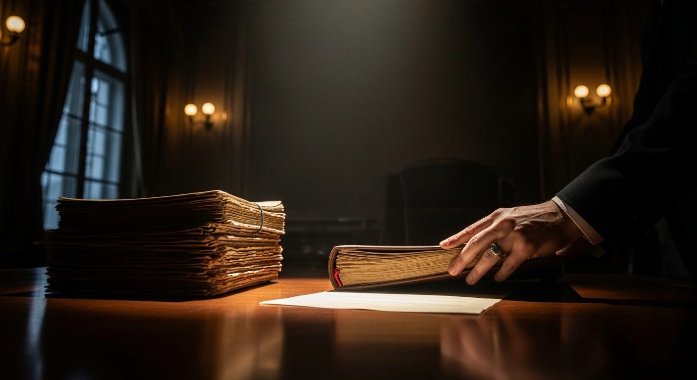 A shadowy, opulent government office with official documents and a hidden ledger, symbolizing the political scandal in Rheinland-Pfalz concerning embezzlement allegations against state government civil servants and State Secretaries for extended special leave and retained pension rights, currently under investigation by the Mainz public prosecutor's office.