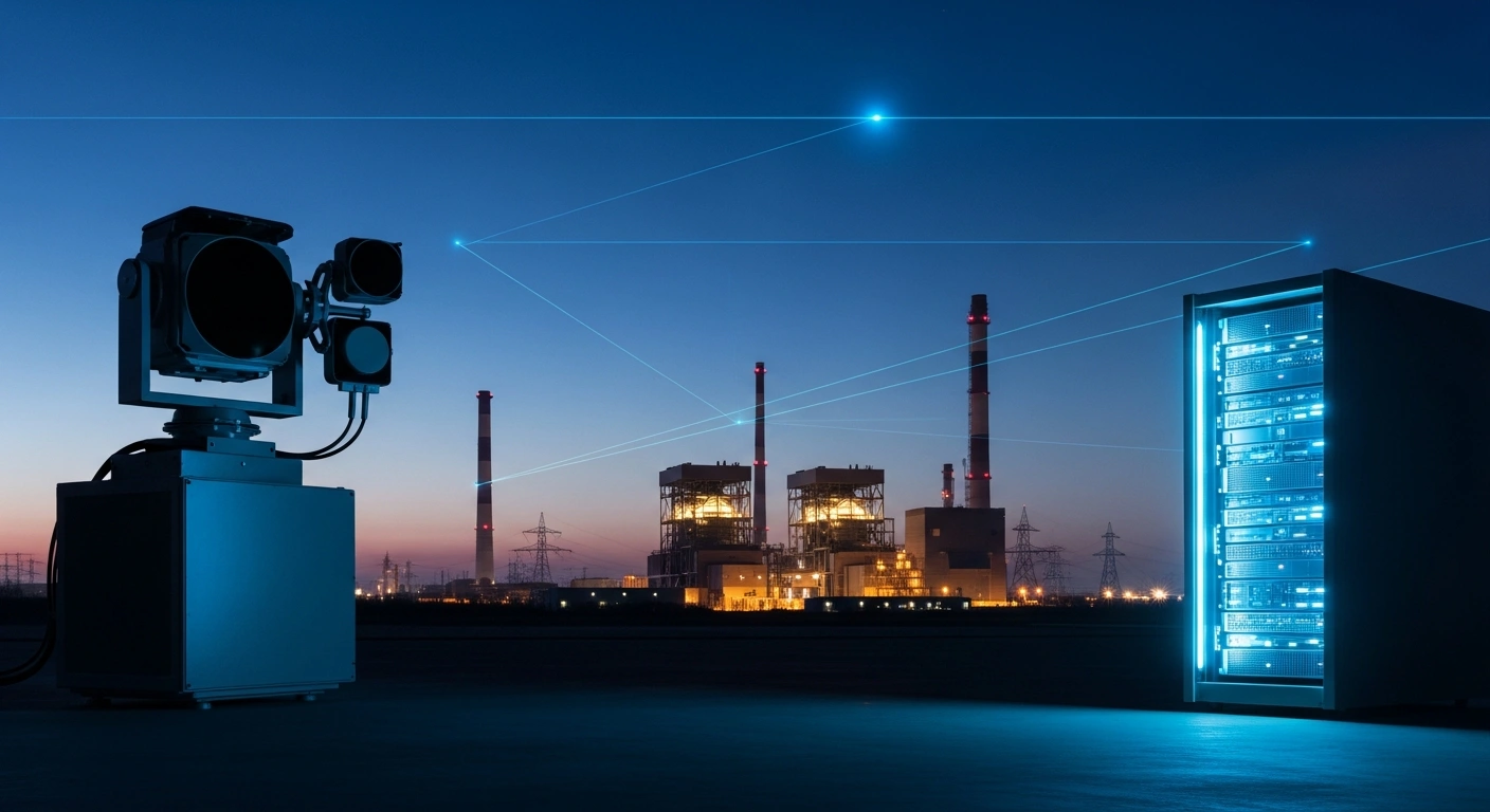 A sophisticated drone defense system developed by Rheinmetall and Deutsche Telekom monitors an industrial facility for unauthorized aerial drones.