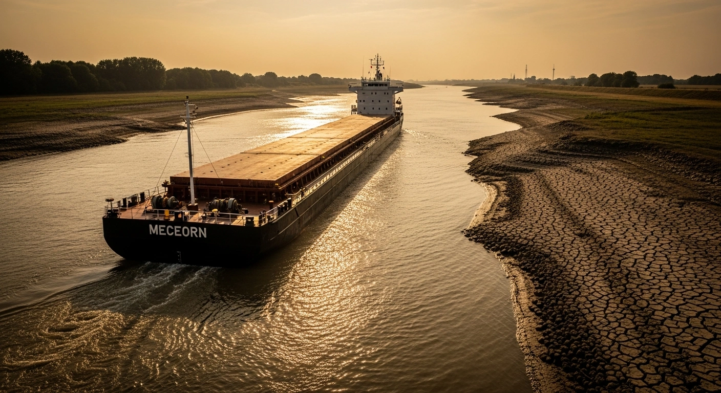 A large cargo ship navigates the shallow, drought-stricken Rhine River as low water levels force reduced shipping loads.