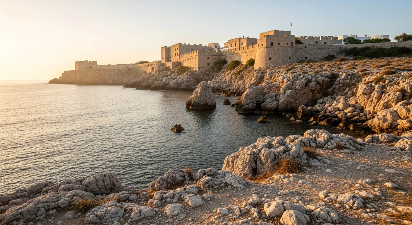 The sun rises over the rocky coastline of Rhodes, Greece, following a minor magnitude 2.8 earthquake.