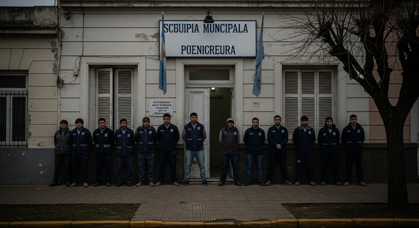 Municipal employees in Ricardone, Argentina, stand outside a government building during a strike to demand wage adjustments.