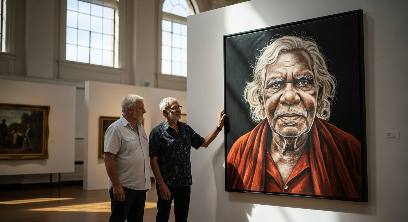 Artist Richard Lewer stands next to his winning portrait of Pitjantjatjara elder Iluwanti Ken at the Art Gallery of New South Wales.