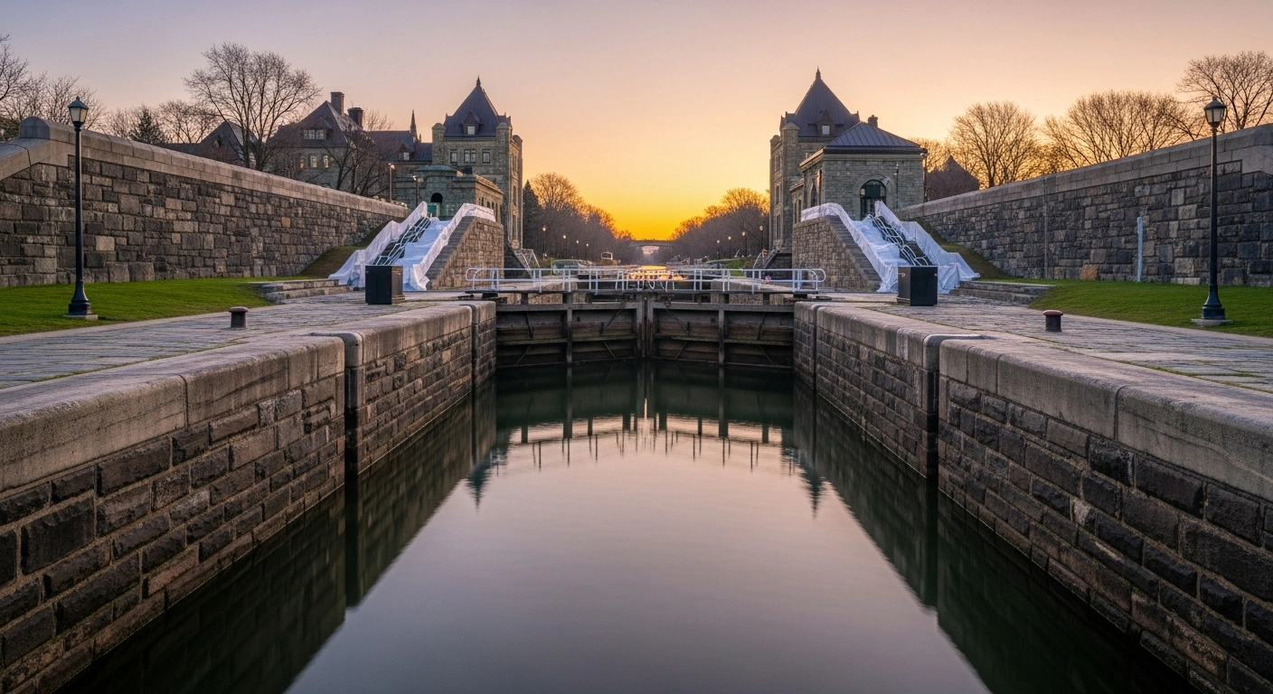 A wide shot at dawn illuminates the historic stone locks of the Rideau Canal, with subtle modern scaffolding indicating infrastructure investments and ongoing preservation efforts for this UNESCO World Heritage Site by the Government of Canada.