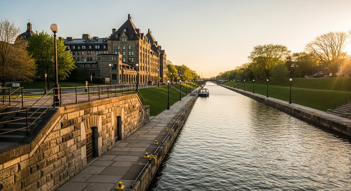 A majestic, wide-angle view of the Rideau Canal National Historic Site at golden hour, showcasing its historic grandeur and tranquil waters, symbolizing the Government of Canada's commitment to significant infrastructure investments for the UNESCO World Heritage Site.