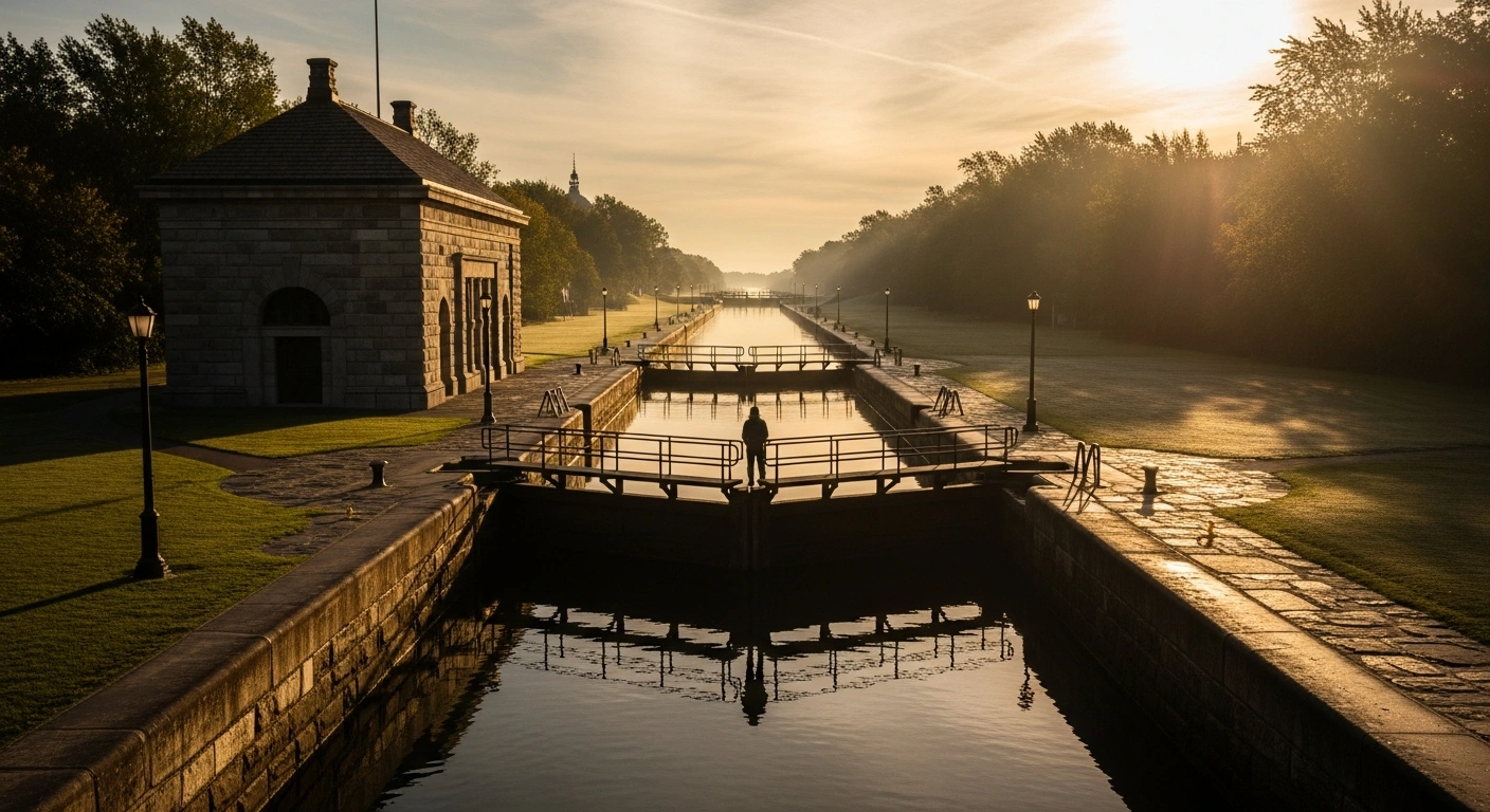 A wide, cinematic shot at dawn illuminates the historic stone walls of a Rideau Canal lock, with a silhouetted figure standing on the edge, symbolizing the Government of Canada's new infrastructure investments for the UNESCO World Heritage Site.