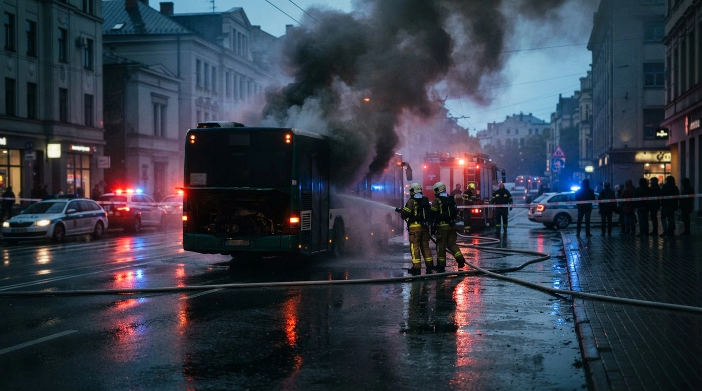 A public transport bus burns on Daugavgrivas Street in Riga as emergency services work to extinguish the fire.