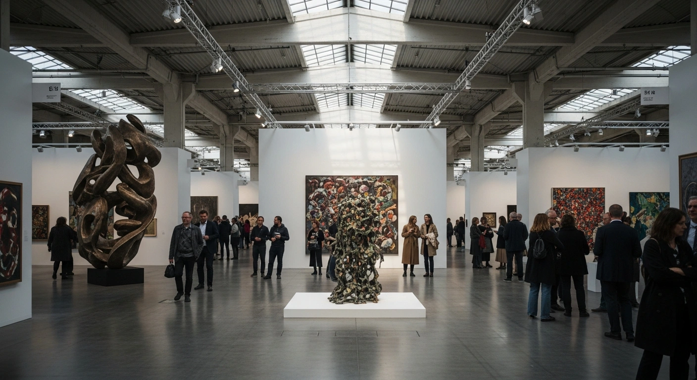 Visitors explore a diverse collection of contemporary art installations and paintings at the Riga Contemporary art fair in Latvia.