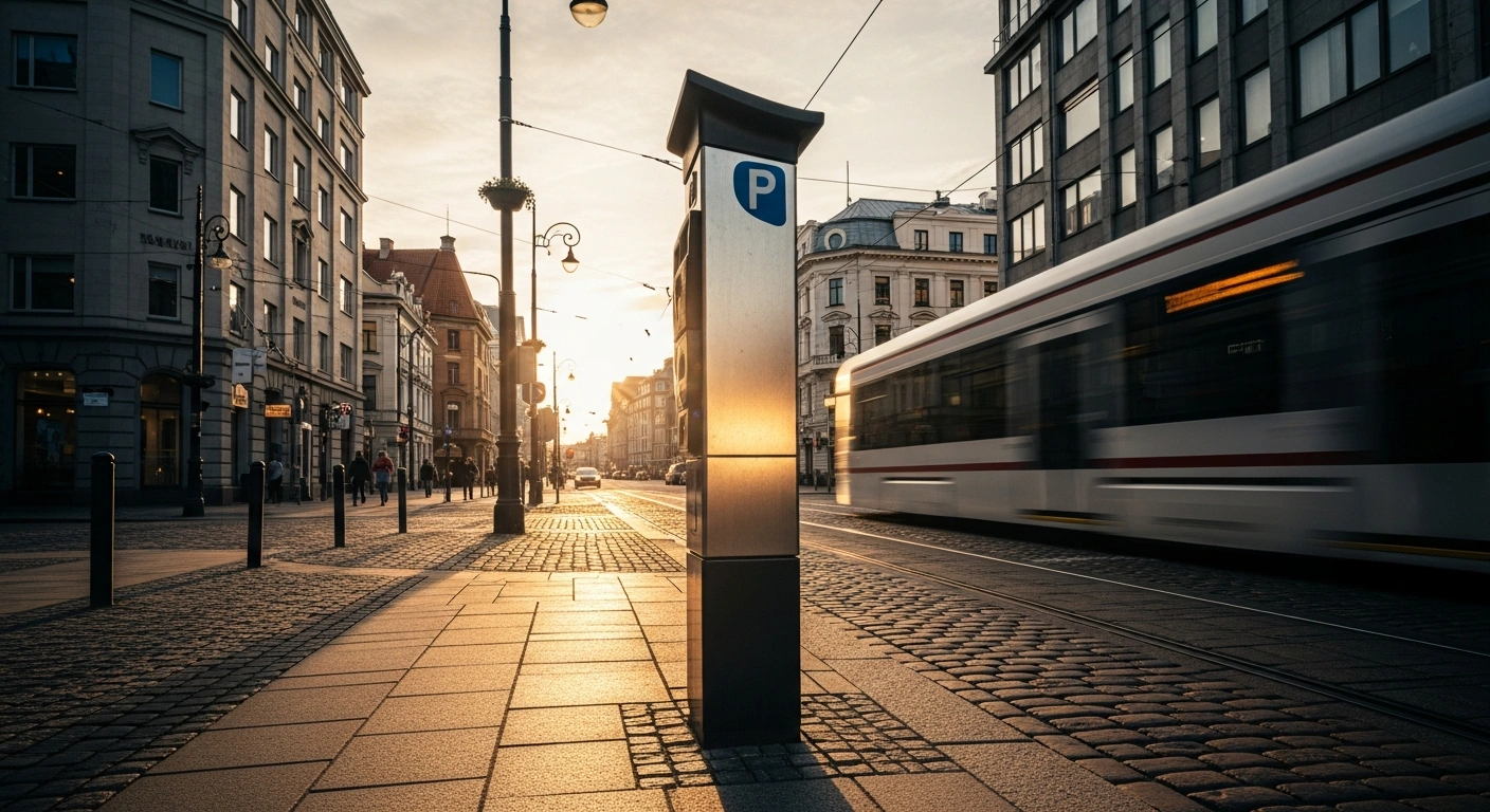 A modern parking meter stands on a Riga street as the city council prepares to increase parking fees managed by Rīgas satiksme.