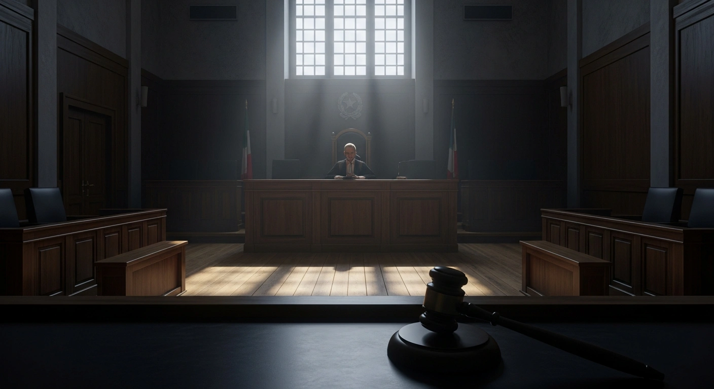 A stark, empty courtroom in Perugia, Italy, featuring a heavy gavel on a dark wooden surface, symbolizing the recent verdict in the Rigopiano appeal bis trial concerning the 2017 avalanche at Hotel Rigopiano.