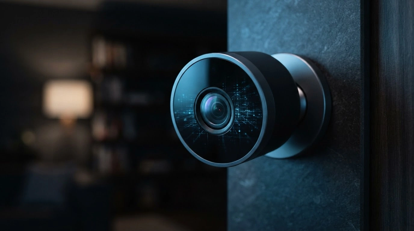 A modern Ring security camera is shown with a digital glow representing the new TAKE encryption framework for enhanced user privacy.