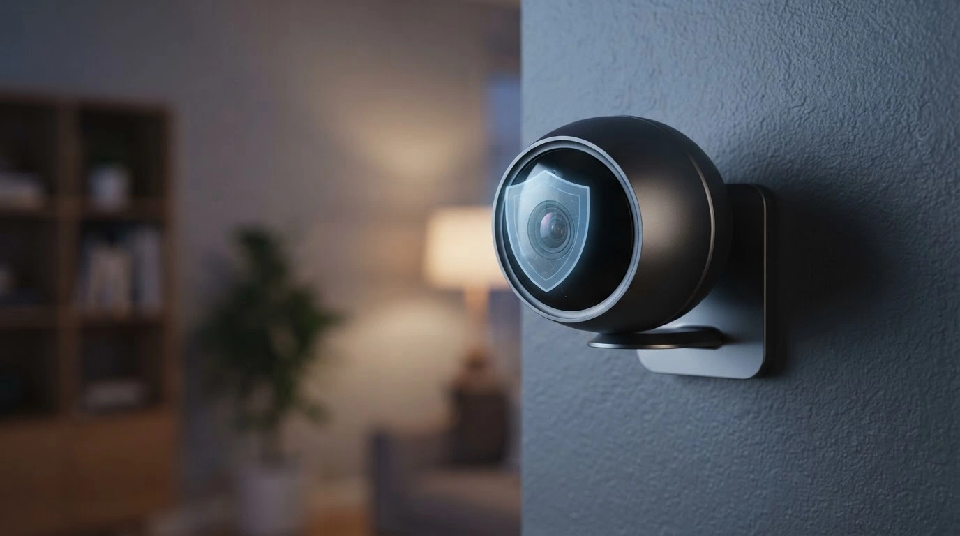 A modern Ring security camera is shown with a digital shield overlay to represent the new TAKE encryption framework for enhanced user privacy.