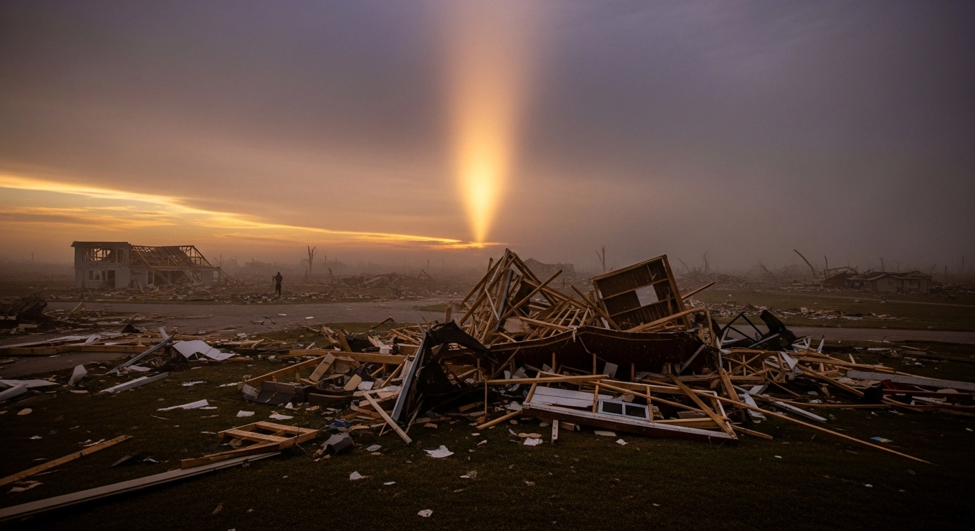 A wide, low-angle shot at dawn depicts the devastating aftermath of a powerful tornado in Rio Bonito do Iguaçu, Paraná, with destroyed homes and twisted infrastructure under a bruised sky, reflecting the natural disaster that caused five deaths and 130 injuries.