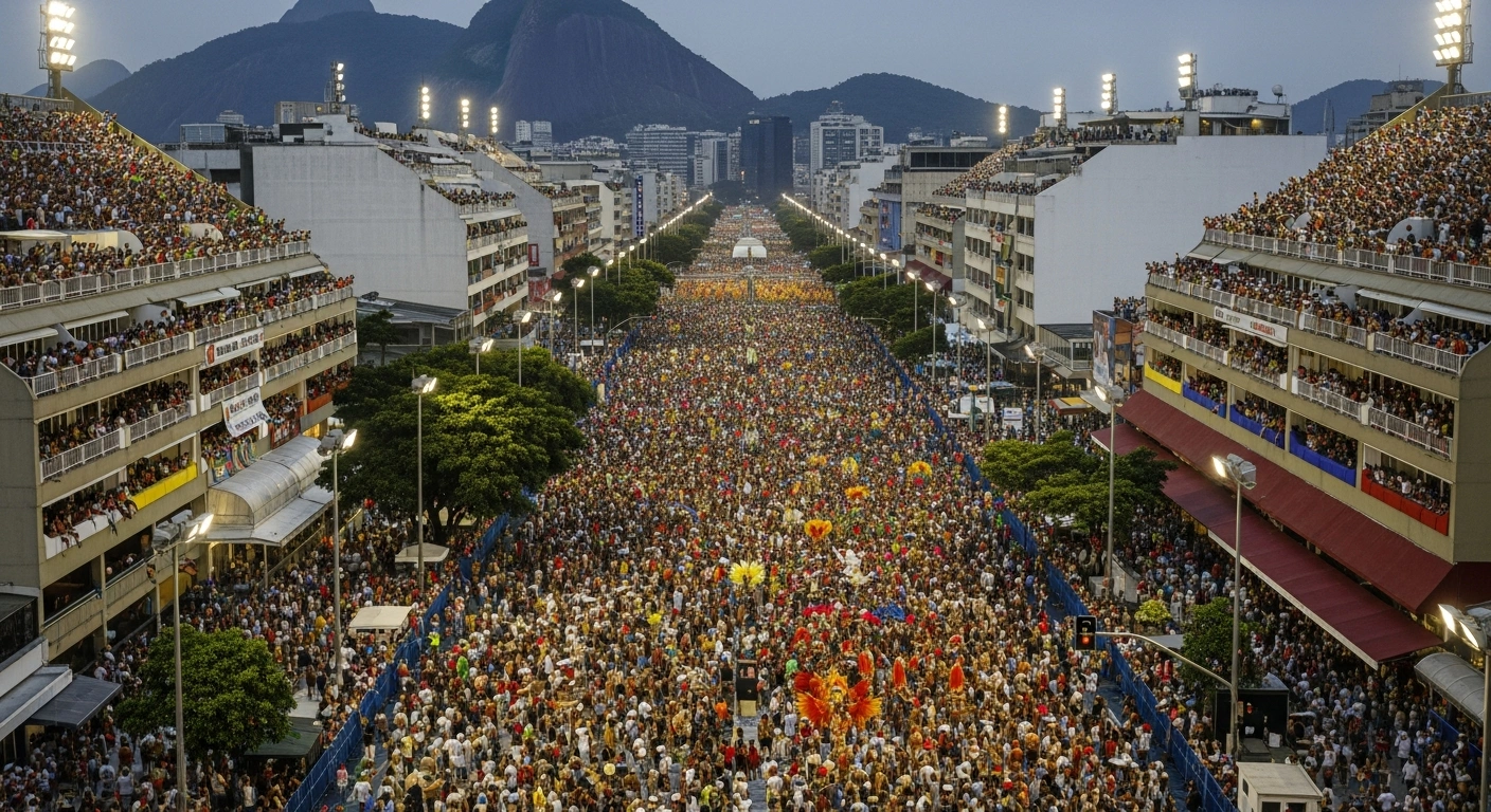 A vibrant, elevated wide-angle view of a densely packed street in Rio de Janeiro during Carnival 2026, showing thousands of costumed revelers under a twilight sky, with illuminated luxury hotels and iconic city landmarks in the background, symbolizing high hotel occupancy and significant economic activity.