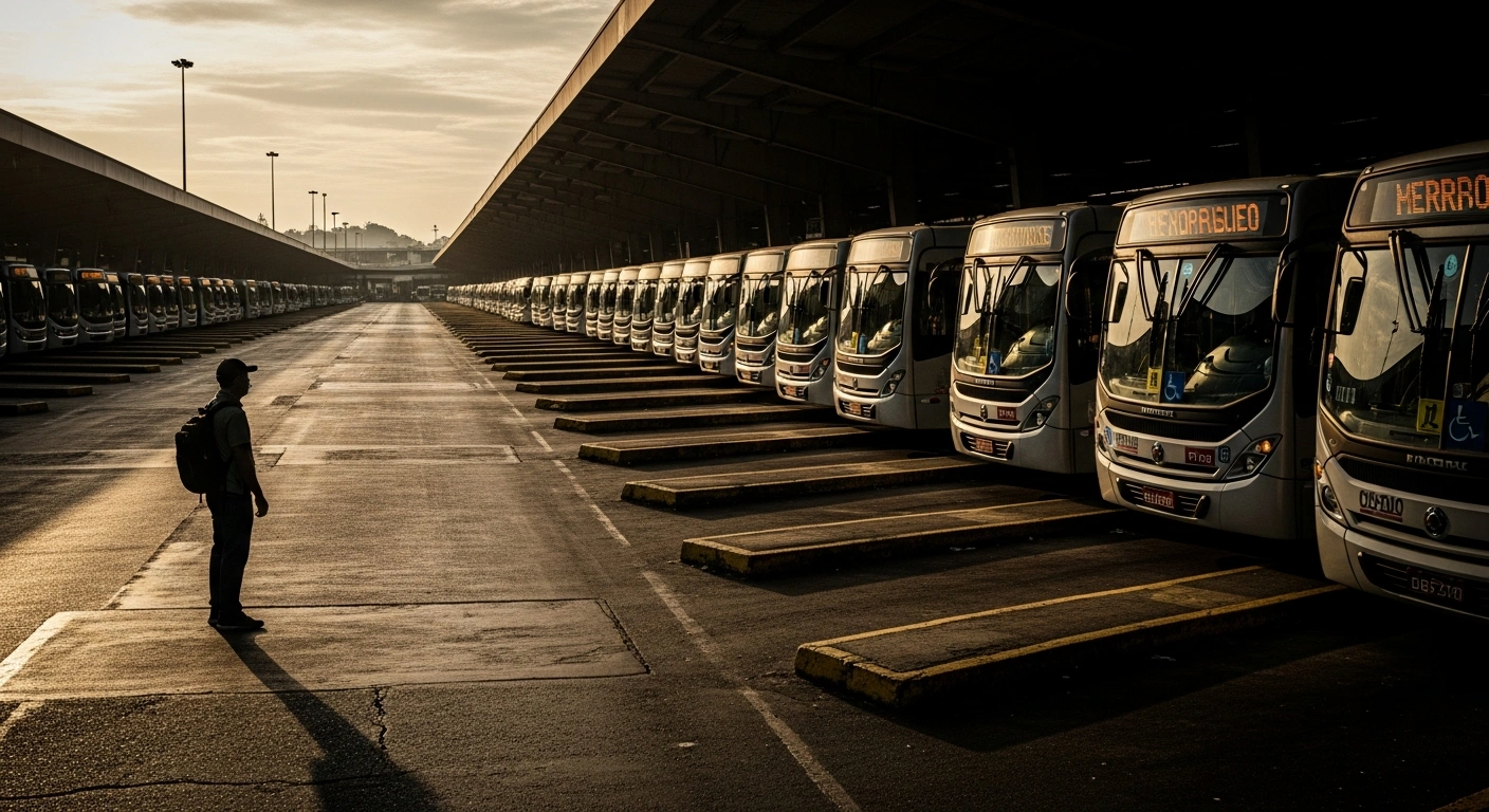 A row of idle buses sits parked at a deserted terminal in Rio de Janeiro during a public transport strike.