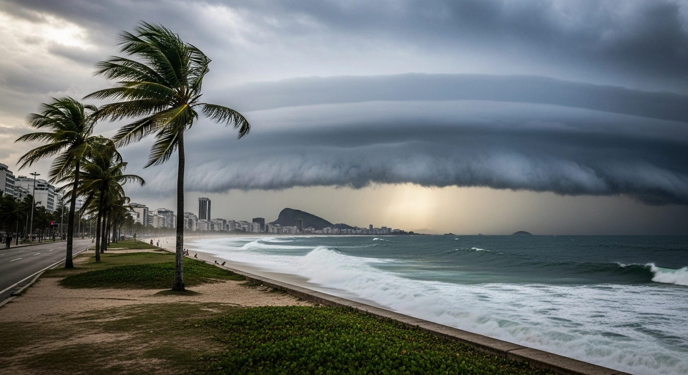 Strong winds and turbulent waves impact the coastline of Rio de Janeiro during a weather alert issued by the U.S. Consulate.