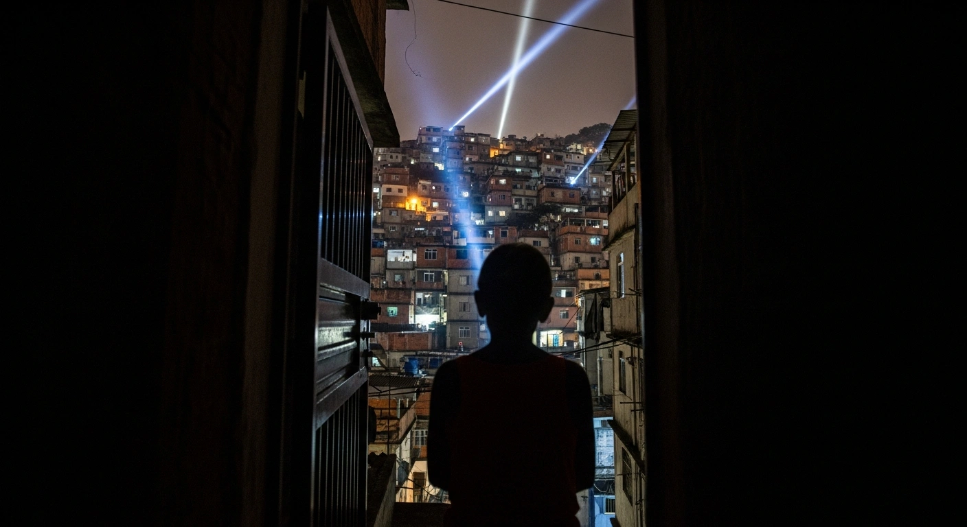 A wide, low-angle shot of a dense Rio de Janeiro favela at pre-dawn, with tactical flashlights cutting through the darkness and a silhouetted figure in a doorway, symbolizing the human impact and scrutiny of a large-scale police operation.